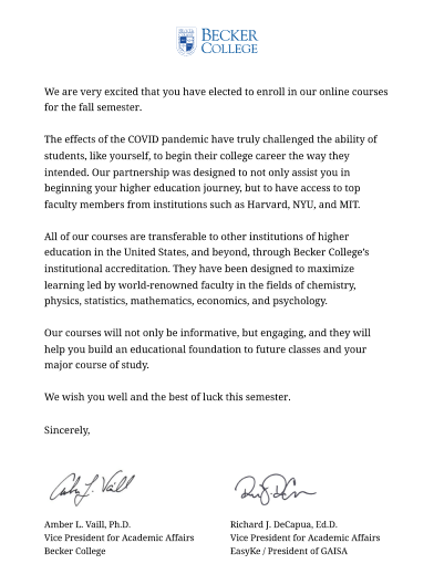 Becker college letter